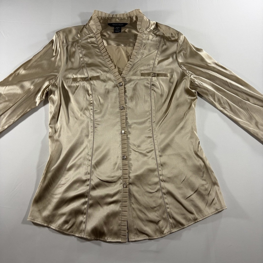 White House Black Market Gold Silk Stretch Blouse Ruffle V-Neck Button Up 8
